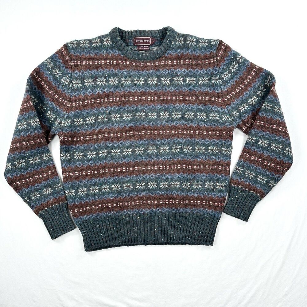 Jeffrey Banks Fair Isle Wool Sweater Mens Large Knit Multicolor 80s VTG Grandpa